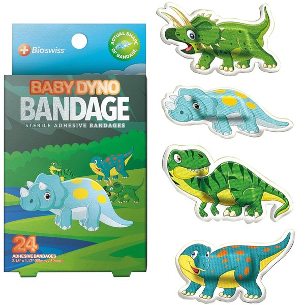 BioSwiss Bandages, Baby Dino Shaped Self Adhesive Bandage, Latex Free Sterile Wound Care, 24 Count