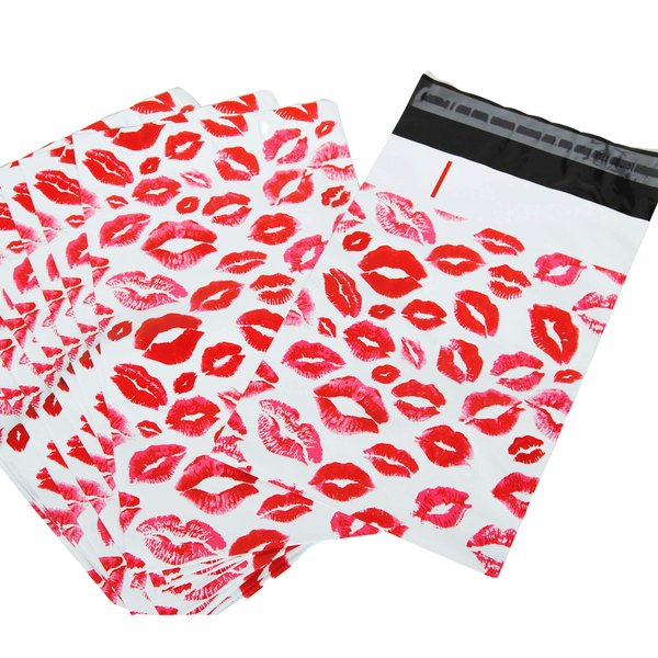 Lips Poly Mailers Red Kiss for Make Up Lip Gloss LipStick Self Sealing Envelope Wide Lip Print Waterproof Shipping | Pack of 25 | Size 10 x 6.75" inches