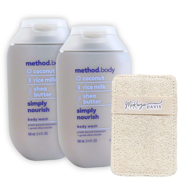 McKenzie Davis Method Body Wash, Travel Size, Simply Nourish, Coconut, Rice Milk, and Shea Butter, 3.4 Fluid Ounce, Pack of 2, Bundle with Deep Cleaning Loofa Sponge