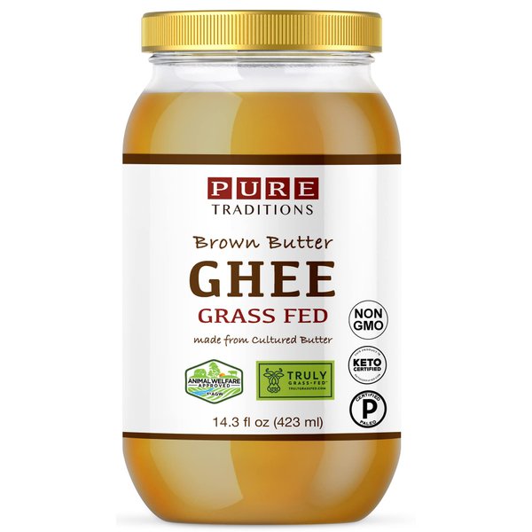 Grass-Fed Cultured Brown Butter Ghee, Certified Paleo, Keto Certified, Truly Grass Fed Certified, Casein and Lactose Free (14.3 oz) Glass Jar