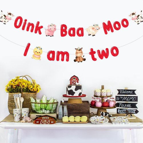 JOYMEMO Oink Baa Moo I am Two Banner - Farm Animal 2nd Birthday Party Decorations Boy or Girl, Farm Animals Theme Barnyard Second Birthday Party Supplies