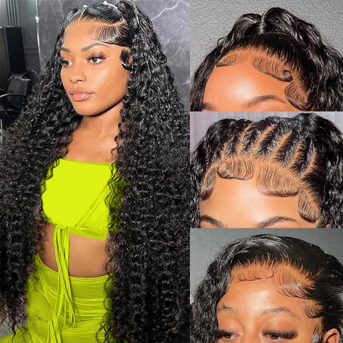 Buildxin Deep Wave Lace Front Wigs Human Hair 180% Density Curly Human Hair Wig 13x4 Wet and Wavy Lace Front Wigs Human Hair Pre Plucked HD Lace Frontal Wigs for Women with Baby Hair 24 Inch