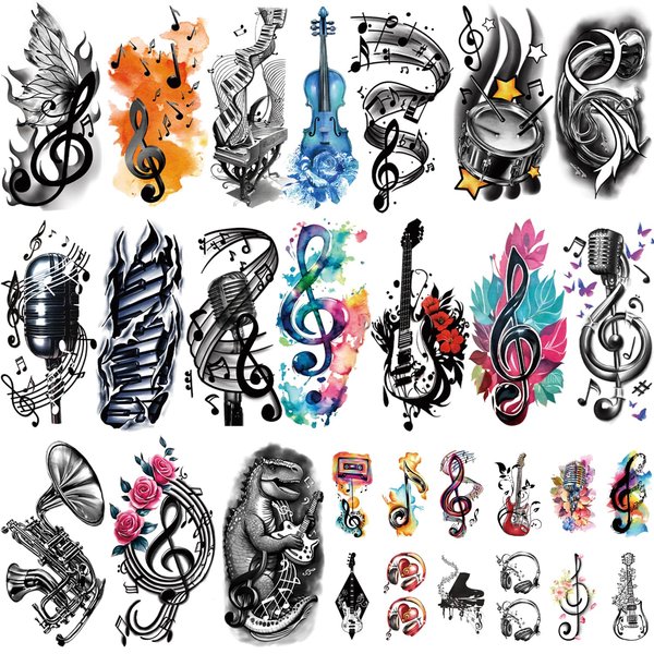 77 Sheets Music Temporary Tattoo Adult Kids Fake Tattoos Birthday Music Festival Party Favors Half Arm Sleeves Guitar Violin Piano Music Notes Tattoo Stickers for Men Women Kids