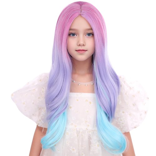 Edivd Rainbow Wig for Kids Long Colorful Middle Part Wig for Girls Multi-color Wavy Curly Wig for Children Purple Pink Wig Heat Resistant Synthetic Wig with Wig Cap
