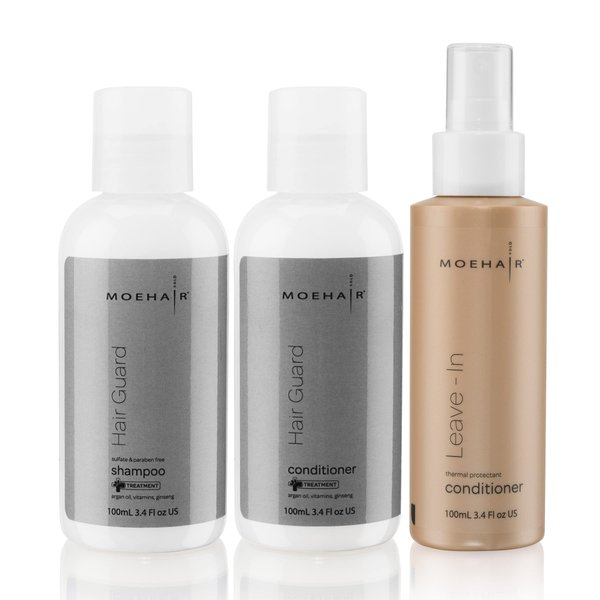 MOEHAIR Travel Trio Pack of Hair guard shampoo (3.4 FL), Hair Guard conditioner (3.4 FL) and leave-in conditioner (3.4FL) | Travel Size Moisturizing and Hydrating Hair Care Set