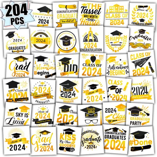 Partywind 204 PCS Metallic Glitter Graduation Temporary Tattoos for Class of 2024, Graduation Party Supplies Decorations for College/Middle School/High School, Congrats Grad Accessories Decor