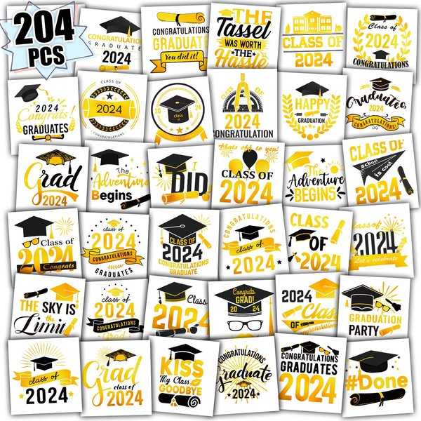 Partywind 204 PCS Metallic Glitter Graduation Temporary Tattoos for Class of 2024, Graduation Party Supplies Decorations for College/Middle School/High School, Congrats Grad Accessories Decor