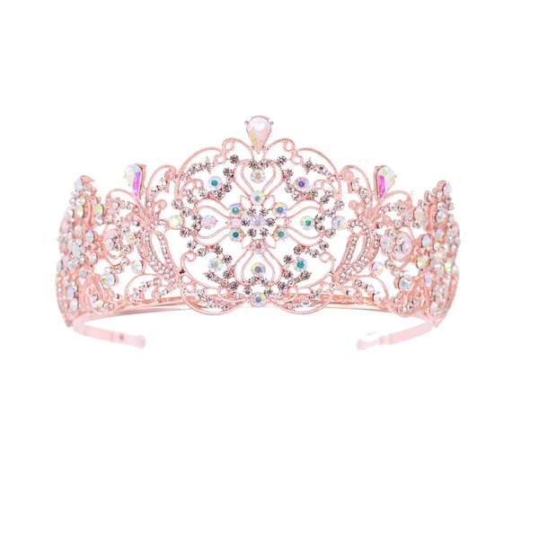 Weddingtopia Crystal Princess Pageant Rose Gold Wedding tiara for bridal Plus Wedding Necklace Set– Rhinestone Bridal Tiara Crown With Side Comb (ROSE GOLD AB)