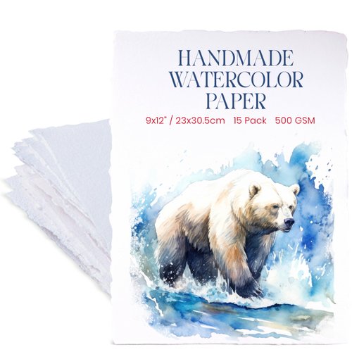 Wanderings Thick Handmade Watercolor Paper with Deckled Edge - 9x12-500GSM, Premium White Cold-Pressed Textured Mixed Media Paper Made with Recycled Cotton - 15 Loose Leaf Sheets