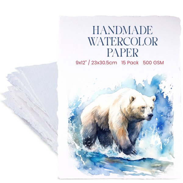 Wanderings Thick Handmade Watercolor Paper with Deckled Edge - 9x12-500GSM, Premium White Cold-Pressed Textured Mixed Media Paper Made with Recycled Cotton - 15 Loose Leaf Sheets