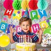 Happy Birthday Banner, Rainbow Birthday Banner for Happy Birthday Party Decorations, 15 Rainbow Confetti Balloons, 5 Honeycomb Balls, 8 Hanging Swirl Streamers and Circle Dots Hanging Decorations