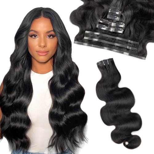 FBLhair 18 inch Body Wave Clip in Hair Extensions Human Hair 110g 7pcs Seamless Clip in Hair Extensions Human Hair Pu Invisible Real Human Hair Extensions Clip Ins #1B Natural Black