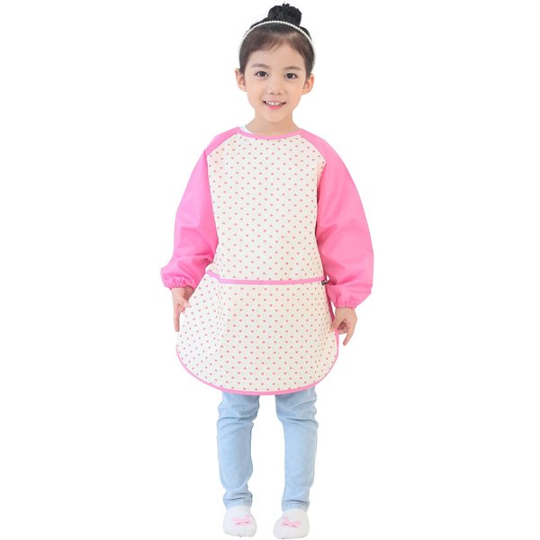 Plie Waterproof Kids Art Smocks 37 Colors (Age 1-10, S-XXL size), Pink Heart Dot (27-S)