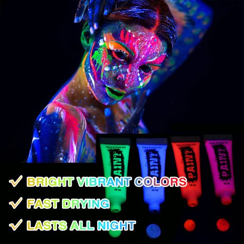 Fusang Glow in the Dark Face Body Paint,Washable Neon Face Body Paint,Black Light Face Makeup for Party Halloween Christmas Cosplay Masquerade Etc 0.48oz Set of 6 Tubes(6 colors)