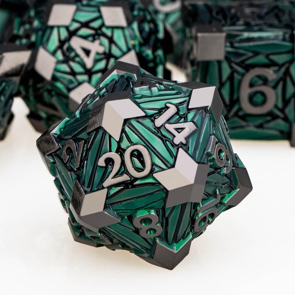 ORIFANTOU 7PCS Metal DND Dice Set Green D&D Dice with Box, Debris RPG D and D Dice Dungeons and Dragons Role Playing Game Polyhedral Dice Set D20 D12 D10 D8 D6 D4