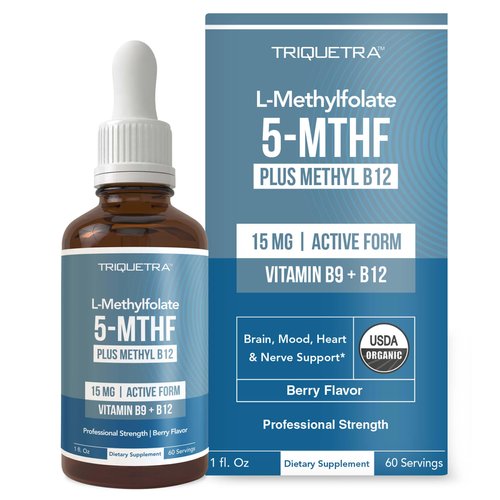L Methyl Folate 15mg Plus Methyl B12 Cofactor – Organic Berry Flavor, High Potency Liquid Sublingual Active 5-MTHF Form - Supports Mood, Methylation, Cognition – Bioactive Forms Vitamin B9 & B12 (1oz)