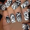 Generic Devil Skull Spider Web Press on Nails Medium Square Halloween False Nails Day of the Dead Acrylic Stick on Nails for Women Girls