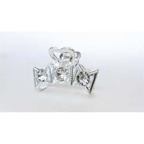 Small shiny silver metal three bows hair claw clip with crystals