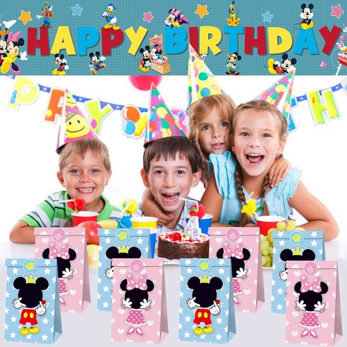 OU RUI 12PCS Party Candy bag for Mickey Minnie, Mickey Minnie theme party supplies,Mickey Minnie Paper Candy sack(Give away stickers)