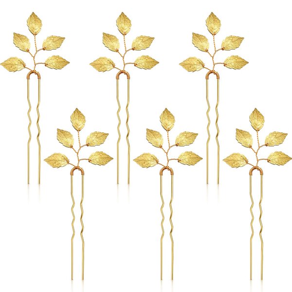 6 Packs Bride Gold Leaf Hair Pins, Vintage Leaves Hair Clip for Wedding Hair Pins, Bride and Bridesmaid Hairstyle Accessories