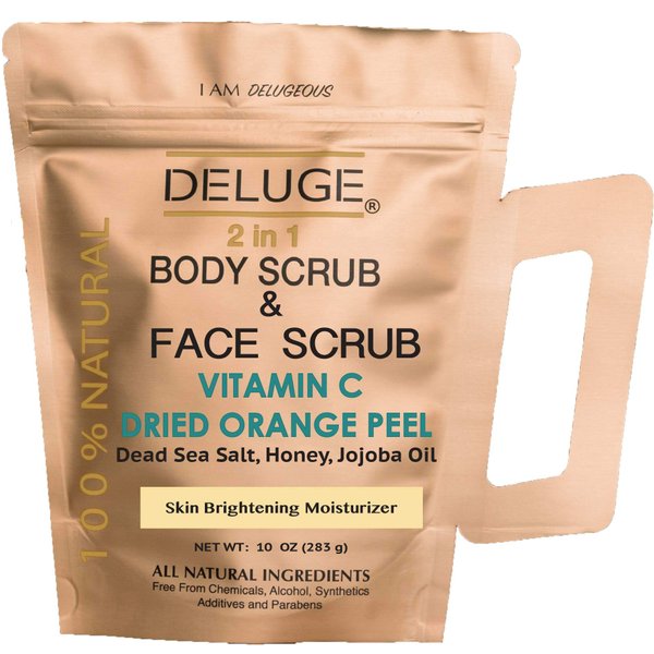 DELUGE - VITAMIN C SCRUB. DRIED ORANGE PEEL. DEAD SEA SALT, HONEY AND JOJOBA OIL. Net Weight 10 oz