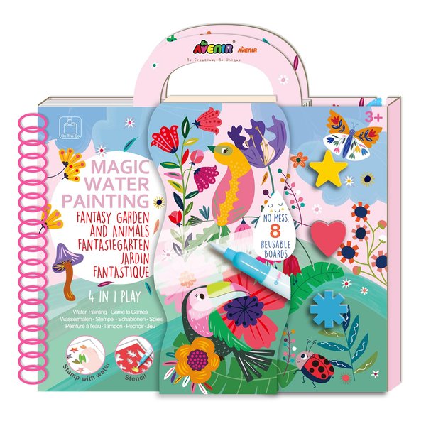 Avenir Water Coloring Magic Painting Book for Toddlers 4 in 1 Creative Set with Water Painting,Stamp with Water,Reusable Stencil,Games Fantasy Garden for Children 3 Years
