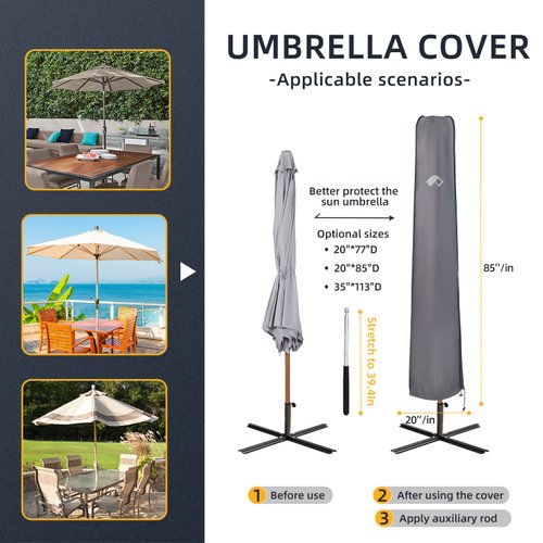 PALON Patio Umbrella Cover, 420D Waterproof Outdoor Market Parasol Covers with Zipper & Telescopic Rod, Anti-UV, Windproof Garden Parasol Protective Cover for 7.5ft to 11.5ft Patio Umbrellas, Gray