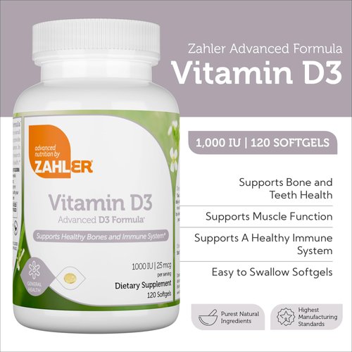 Zahler - Advanced Vitamin D3 1000 IU Softgels (120 Count) Kosher Vegetarian Friendly Vitamin D for Immune Support, Bone, Teeth & Muscle Health - Easy Swallow VIT D 3