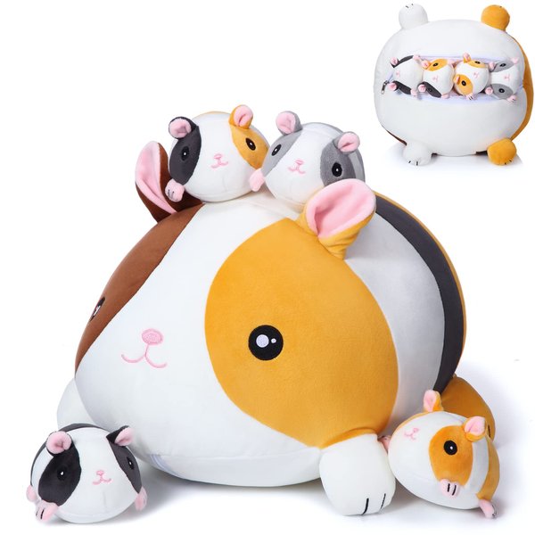 Threan 5 Pieces Guinea Pig Stuffed Animals 14 Inch Mommy Guinea Pig Plush Doll with 4 Inch Cute Baby Guinea Pig Toy Soft Stuffed Guinea Pig for Adults Boys Girls Holiday Birthday Gifts