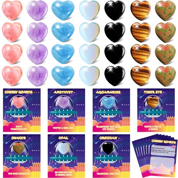 JOYPRO Valentines Day Gifts for Kids Classroom, 28 Pack Valentines Cards Goodie Bags with Heart Stones, Valentine Exchange Gifts Party Favors Crystal Gemstone Rocks for Girls Boys Classroom Prizes