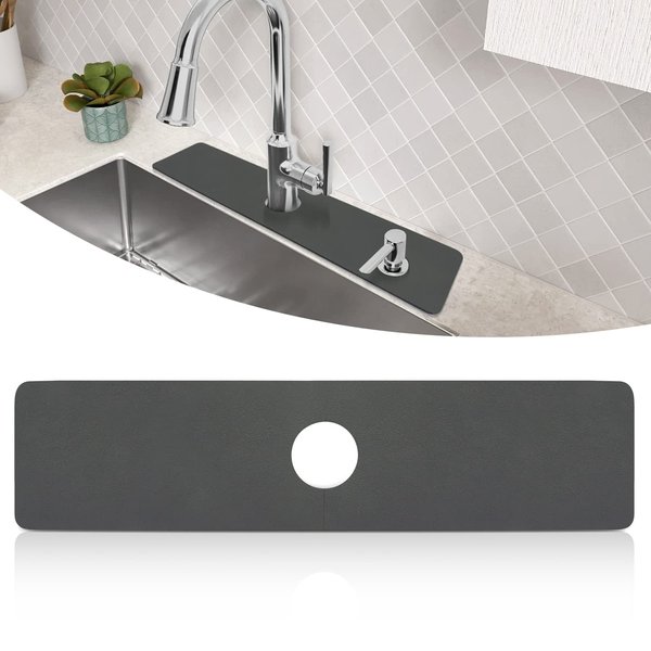 LOPNUR Faucet Mat for Kitchen Sink, Faucet Drip Catcher, Cut to Fit Kitchen Sink Splash Guard with Super Absorbent Diatomite Faucet Mat Splatter Screens 24''x5.5'' (Grey, 1 Pack)