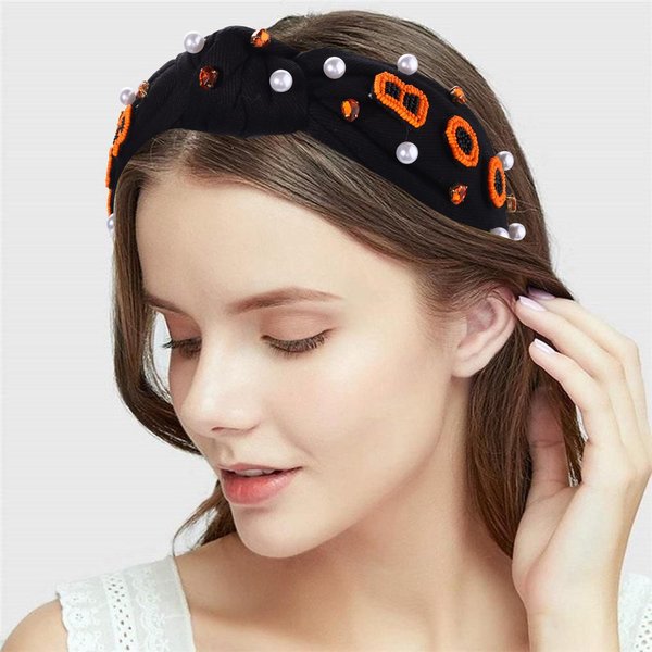 Halloween Headbands for Women Halloween Accessories Beaded Boo Knotted Headband Embellished Rhinestone Pearl Top Knot Headbands Halloween Costume Party Hair Accessory Gifts (Orange Boo Headband)