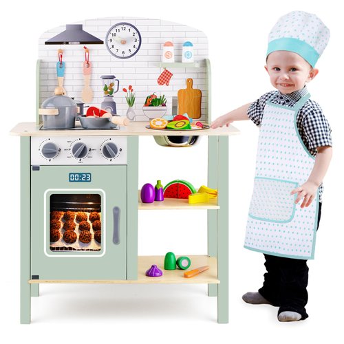 Wooden Play Kitchen for Kids, Kids Children Pretend Toy Kitchen Playset, Toys Kitchen with Realistic 24 Pieces Toy Accessory, Cutting Play Food Toys Gifts for Ages 3-8 Girls Boys