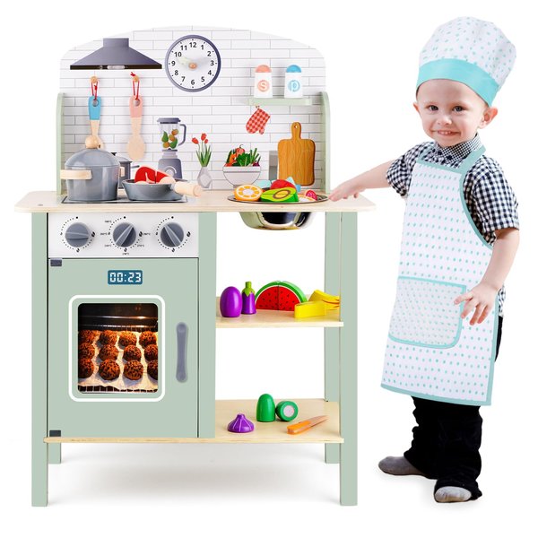 Wooden Play Kitchen for Kids, Kids Children Pretend Toy Kitchen Playset, Toys Kitchen with Realistic 24 Pieces Toy Accessory, Cutting Play Food Toys Gifts for Ages 3-8 Girls Boys