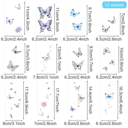 HINZIC 12 Sheets Colorful Butterfly Temporary Tattoo Stickers Waterproof Glitter 3D Hearts Stars Flowers Set Tattoos for Women Body Makeup Birthday Party Gift
