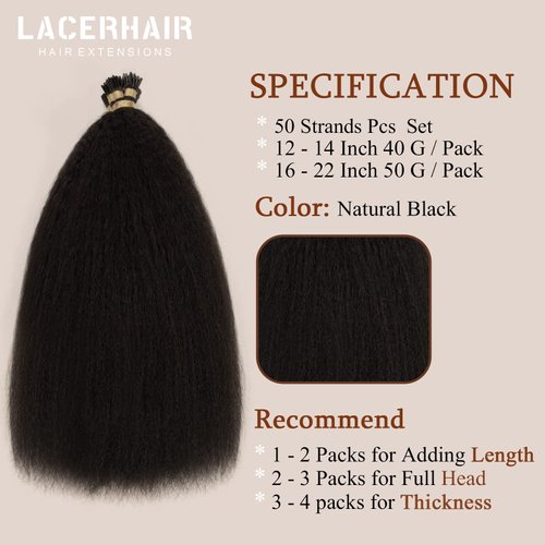 Lacerhair I Tip Hair Extensions Human Hair Kinky Straight Natural Black Color 1B 12 Inch I Tip Hair Extensions Pre Bonded Hair Extensions Micro Links Human Hair for Black Women 50 Strands/Pack 40G