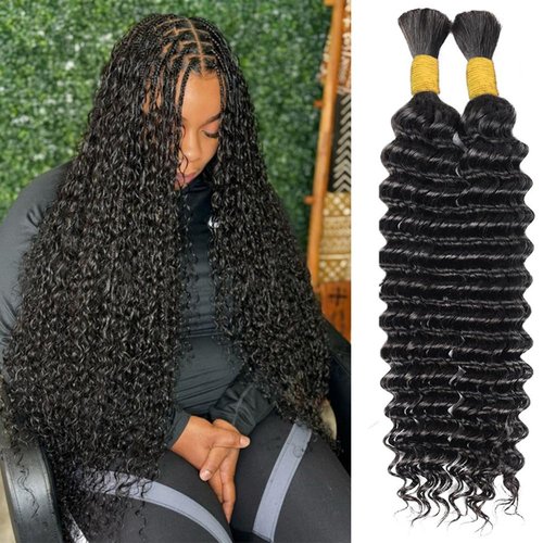 Curly Human Braiding Hair for Boho Braids Bohemian Deep Wave Bulk 100% Human Hair for Micro Braiding Hair Wet and Wavy Boho Knotless Braids Hair No Weft 2 Bundles 100g Human Hair Extensions