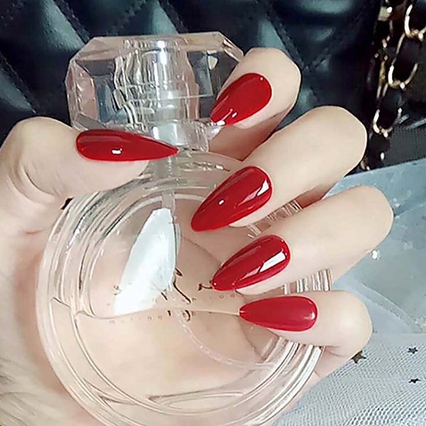 Bomine Press on Nails Long Red Fake Nails Stiletto Acrylic False Nails Tips Full Cover Nail Glossy Manicure Party for Women and Girls 24Pcs (Red)
