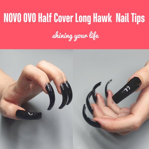 NOVO OVO 100 pcs Long Hawk Curved Nail tips, Clear Cystal Extra Super Extreme Deep Curve Half Cover Tapered Square Eagle Claw Soft Gel False Nail Extension for Acrylic Nails x 10 Sizes in Box