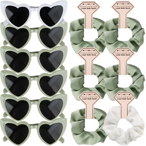 Clcnsusilk Satin Bridesmaid Scrunchies Bachelorette HairTies Set of 6 sunglasses Bridal Shower No Damage Hair ties ideas Gift for Wedding Party Favors Bridesmaid Proposal Gifts (White&Sage Green)