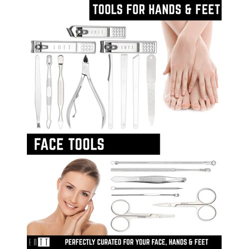 ENTT 18 Piece Manicure Pedicure Set & Grooming Kit - Gift for Men, Women, Wife, Husband, Teen, Seniors, Parents – Carbon Steel Tools - Premium Travel Case & Professional Nail Clippers – Black Case