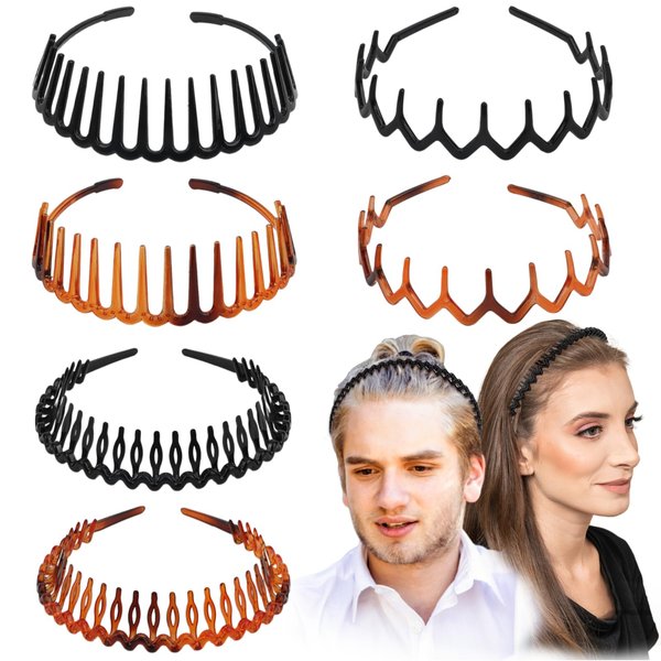 WHAVEL 6 PCS Non Slip Plastic Headbands for Women, Black Headband with Teeth Comb Head Band Wavy Zig Zag Headbands Effortless Hair Bands for Women Men(C)