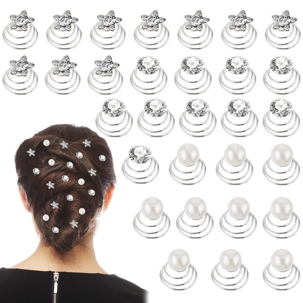 30PCS Rhinestone Spiral Hair Pins, 3 Styles Diamond Hair Pins Crystal Twisters Spiral Set Hair Rhinestone Pearl Hair Pin Diamond Pearl Flower Jewels Hair Pins Accessories for Wedding Bridal Prom Party