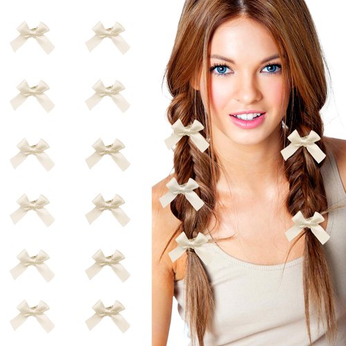 Bordedor Kids Mini Stain Bows Beige 12Pcs, Bowknot Hair Ribbon Clips Alligator, Hair Barrettes Clips for Baby Girls Infants and Toddlers