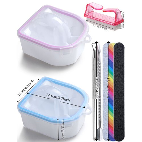 Nail Soaking Bowl, Borogo 2PCS Soak Off Gel Polish Dip Powder Remover Manicure Bowl for Acrylic Nails, Nail Brush, Cuticle Pusher, Cuticle Peeler, 100/180 Nail File, Buffer Block