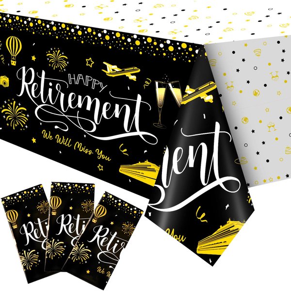4 Pieces Black and Gold Retirement Tablecloth Disposable Plastic Retirement Table Cover Rectangle Tablecloth for Retirement Party Favor Supplies Decorations, 54 x 108 inch