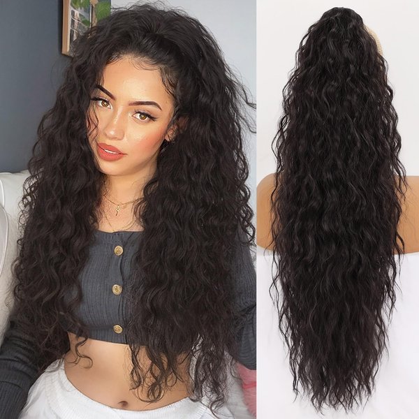 ORSUNCER Claw Long Wavy Ponytail Extension Black Brown 30" Curly Pony Tail Clip in Hair Extensions for Women Fluffy Natural Looking Synthetic Hairpiece for Daily Use