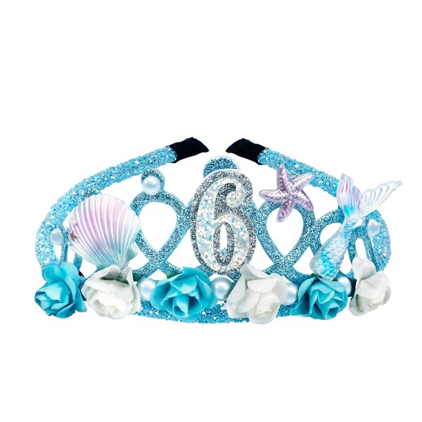 Vovii 6th Birthday Tiara for Girls Mermaid Dazzling Pearls Headband for Little Girls Blue Mermaid Princess Tiara Seashell Supplies for Birthday Party Decorations
