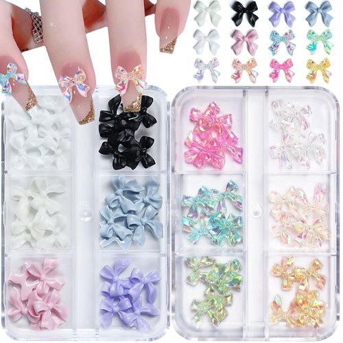3D Bow Nail Charms, 2Boxes 3D Colorful Aurora Bowknot Nail Art Rhinestones Cute Aurora Clear Bow Nail Charms Acrylic Resin Nail Supplies Manicure DIY Nail Decorations