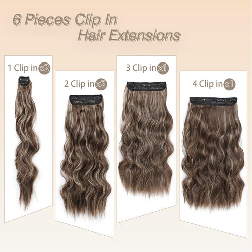 Clip in Hair Extensions Long Wavy Synthetic Hairpieces 20 Inch Light Brown Mix Warm Blonde 6PCS Thick Hairpieces Fiber Double Weft Hair for Women